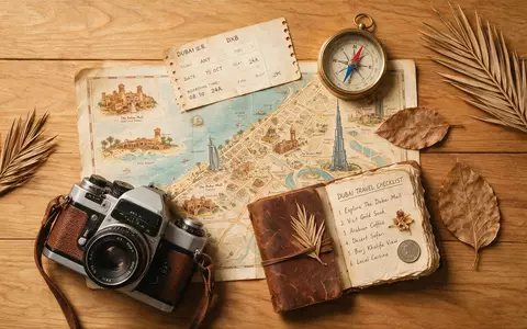 Flatlay-Reise-Arrangement rund um Dubai Mall in Dubai VAE, Karte Kompass Kamera und generische Reiserequisiten - Foto: THN