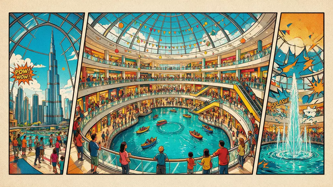 Pop-Art-Comic von Dubai Mall in Dubai, VAE mit Rasterpunkten