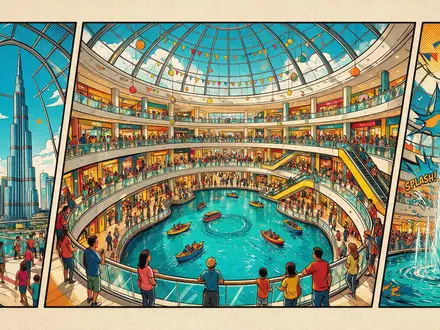 Pop-Art-Comicillustration des Wahrzeichens Dubai Mall in Dubai VAE, kraeftige Konturen Rasterpunkte und satte Farben - Foto: THN