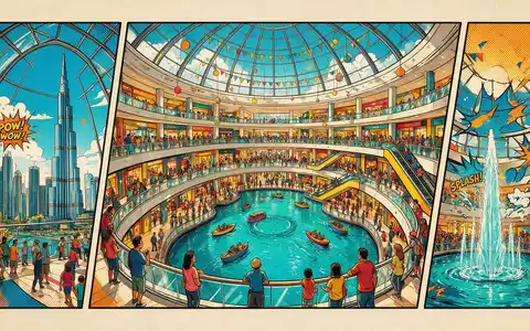Pop-Art-Comicillustration des Wahrzeichens Dubai Mall in Dubai VAE, kraeftige Konturen Rasterpunkte und satte Farben - Foto: THN