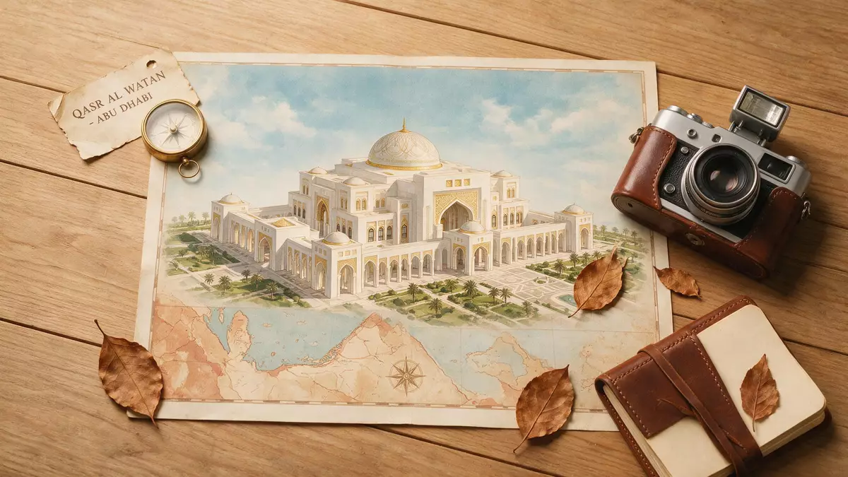 Flatlay-Reise-Arrangement rund um Qasr Al Watan in Abu Dhabi, VAE