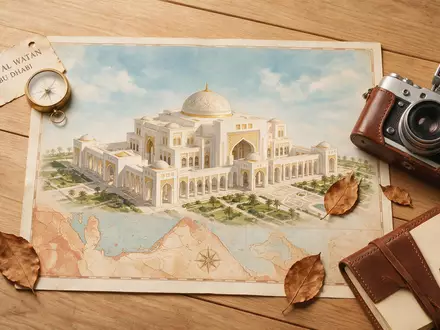 Flatlay-Reise-Arrangement rund um Qasr Al Watan in Abu Dhabi VAE, Karte Kompass Kamera und generische - Foto: THN