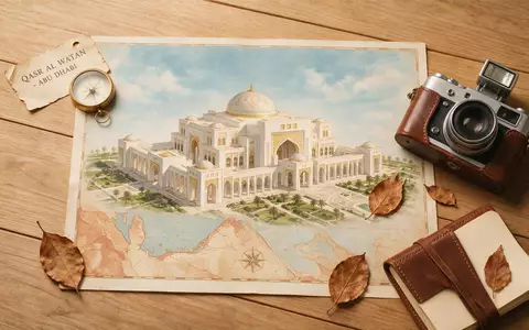 Flatlay-Reise-Arrangement rund um Qasr Al Watan in Abu Dhabi VAE, Karte Kompass Kamera und generische - Foto: THN