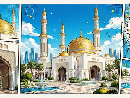 Pop-Art-Comicillustration des Wahrzeichens Qasr Al Watan in Abu Dhabi VAE, kraeftige Konturen Rasterpunkte und satte - Foto: THN