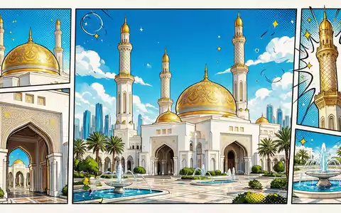 Pop-Art-Comicillustration des Wahrzeichens Qasr Al Watan in Abu Dhabi VAE, kraeftige Konturen Rasterpunkte und satte - Foto: THN