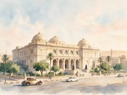 Aquarellillustration des Wahrzeichens Ägyptisches Museum Kairo in Kairo Ägypten, weiche Farbverläufe und pastelliges Reiseposter-Feeling - Foto: THN
