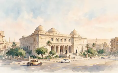 Aquarellillustration des Wahrzeichens Ägyptisches Museum Kairo in Kairo Ägypten, weiche Farbverläufe und pastelliges Reiseposter-Feeling - Foto: THN