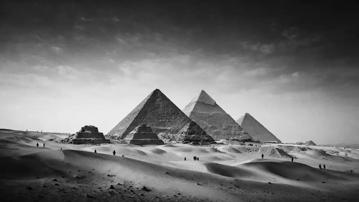 Schwarzweiss-Reportage vom Wahrzeichen Pyramiden von Gizeh in Gizeh, Ägypten