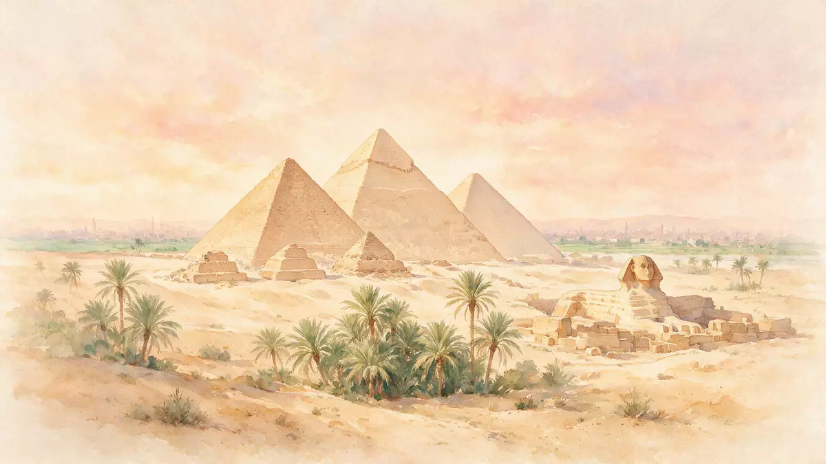Aquarell-Illustration von Pyramiden von Gizeh in Gizeh, Ägypten als Reiseposter