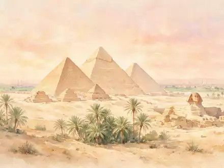 Aquarellillustration des Wahrzeichens Pyramiden von Gizeh in Gizeh Ägypten, weiche Farbverläufe und pastelliges Reiseposter-Feeling - Foto: THN