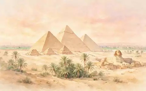 Aquarellillustration des Wahrzeichens Pyramiden von Gizeh in Gizeh Ägypten, weiche Farbverläufe und pastelliges Reiseposter-Feeling - Foto: THN