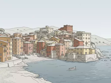 Moderner Architektur-Render zeigt Silhouette von Boccadasse Genua in Genua Italien, klare Linien und neutrales Tageslicht - Foto: THN