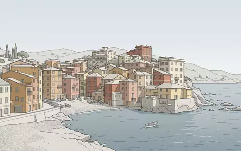 Moderner Architektur-Render zeigt Silhouette von Boccadasse Genua in Genua Italien, klare Linien und neutrales Tageslicht - Foto: THN