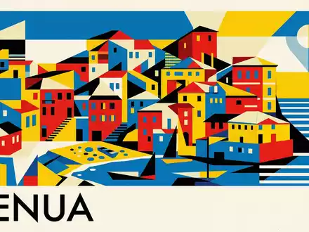 Bauhaus-Poster als geometrische Abstraktion von Boccadasse Genua in Genua Italien, kraeftige Grundfarben und harte Formkanten - Foto: THN