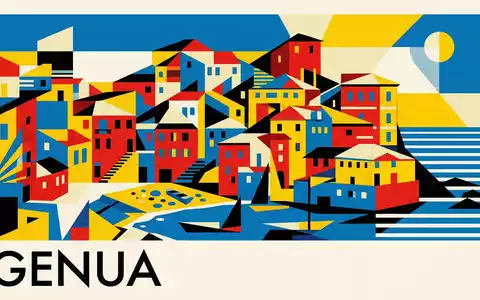 Bauhaus-Poster als geometrische Abstraktion von Boccadasse Genua in Genua Italien, kraeftige Grundfarben und harte Formkanten - Foto: THN