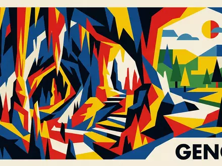 Bauhaus-Poster als geometrische Abstraktion von Frasassi-Hohlen in Genga Italien, kraeftige Grundfarben und harte Formkanten - Foto: THN