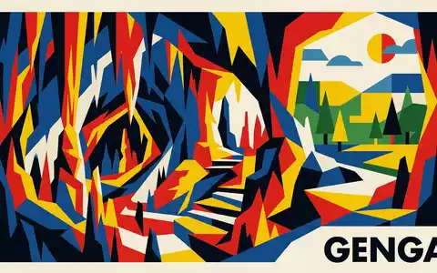 Bauhaus-Poster als geometrische Abstraktion von Frasassi-Hohlen in Genga Italien, kraeftige Grundfarben und harte Formkanten - Foto: THN