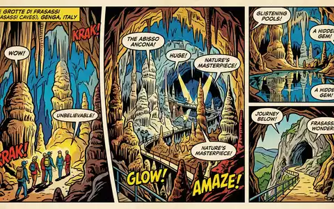 Pop-Art-Comicillustration des Wahrzeichens Frasassi-Hohlen in Genga Italien, kraeftige Konturen Rasterpunkte und satte Farben - Foto: THN