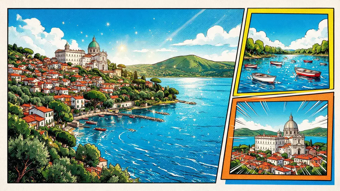 Pop-Art-Comic von Castel Gandolfo in Castel Gandolfo, Italien mit Rasterpunkten