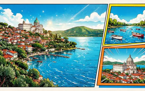 Pop-Art-Comicillustration des Wahrzeichens Castel Gandolfo in Castel Gandolfo Italien, kraeftige Konturen Rasterpunkte und satte Farben - Foto: THN