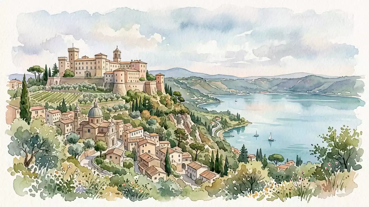 Aquarell-Illustration von Castel Gandolfo in Castel Gandolfo, Italien als Reiseposter