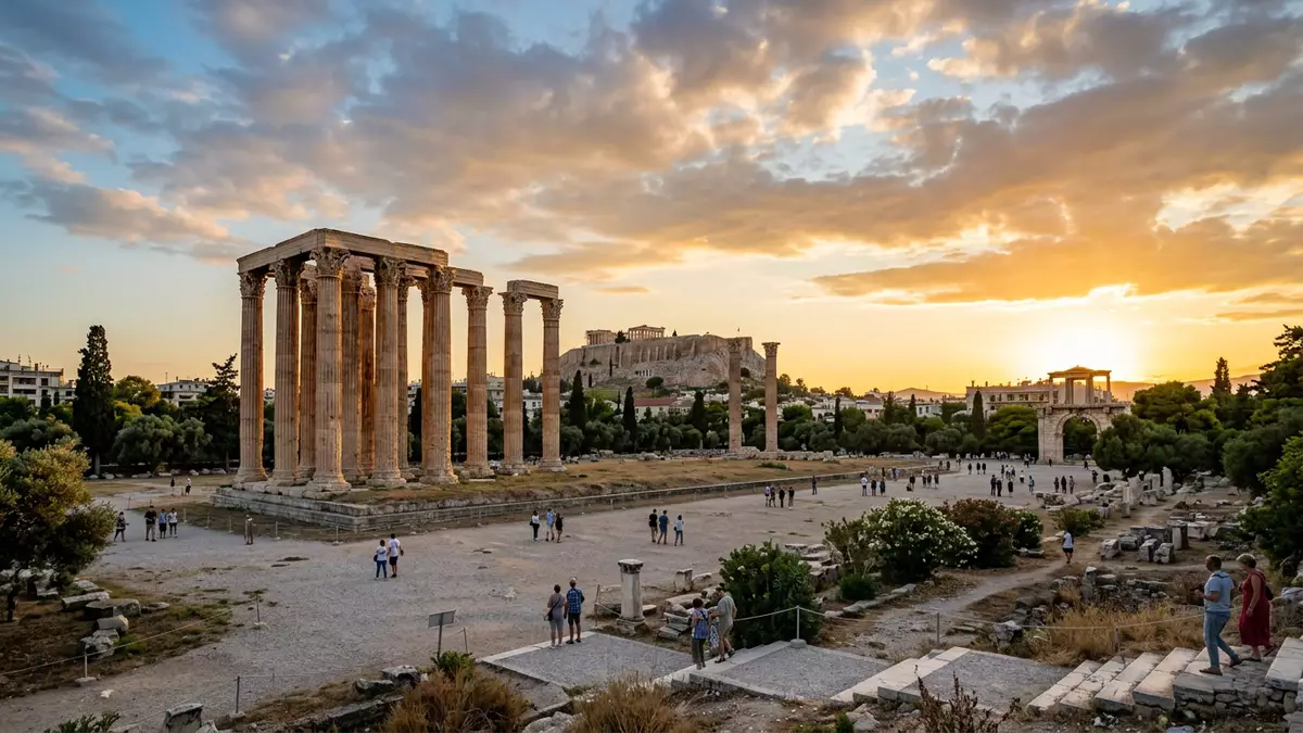 Fotorealistische Ansicht von Olympieion Athen in Athen, Griechenland im Abendlicht