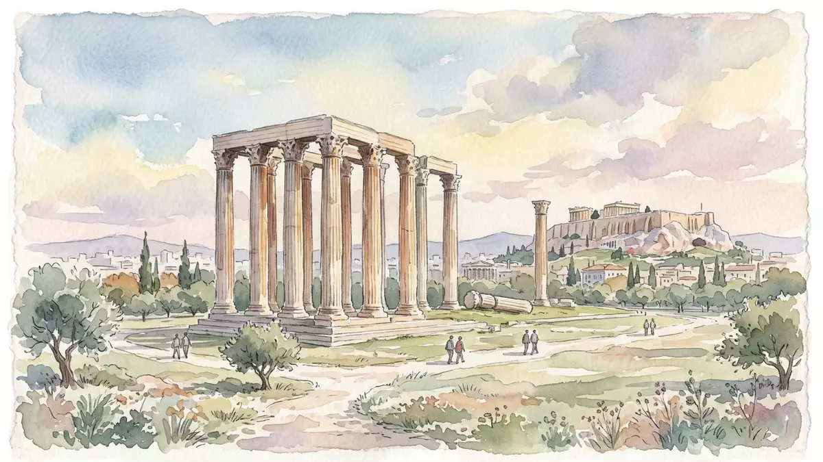 Aquarell-Illustration von Olympieion Athen in Athen, Griechenland als Reiseposter