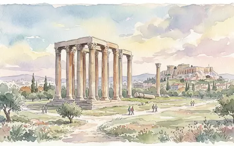 Aquarellillustration des Wahrzeichens Olympieion Athen in Athen Griechenland, weiche FarbverlÀufe und pastelliges Reiseposter-Feeling - Foto: THN