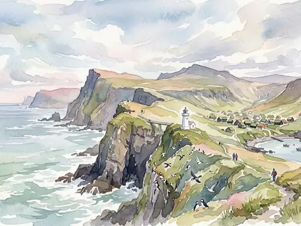 Aquarellillustration des Wahrzeichens Mykene in Mykines Griechenland, weiche Farbverläufe und pastelliges Reiseposter-Feeling - Foto: THN