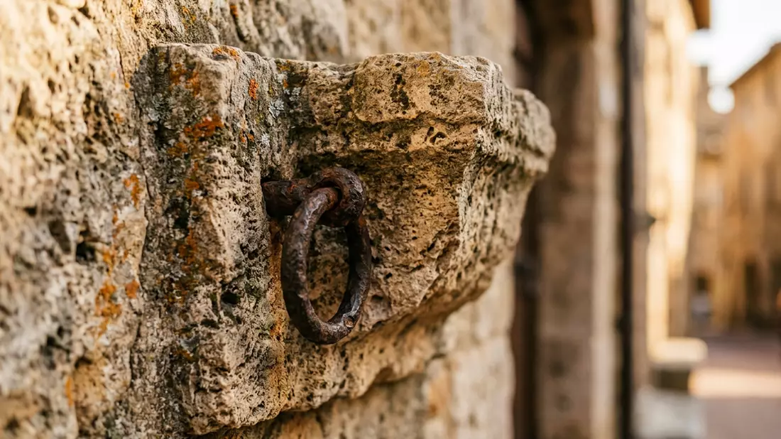 Makroaufnahme eines Materialdetails am Wahrzeichen Turme von San Gimignano, San Gimignano It…