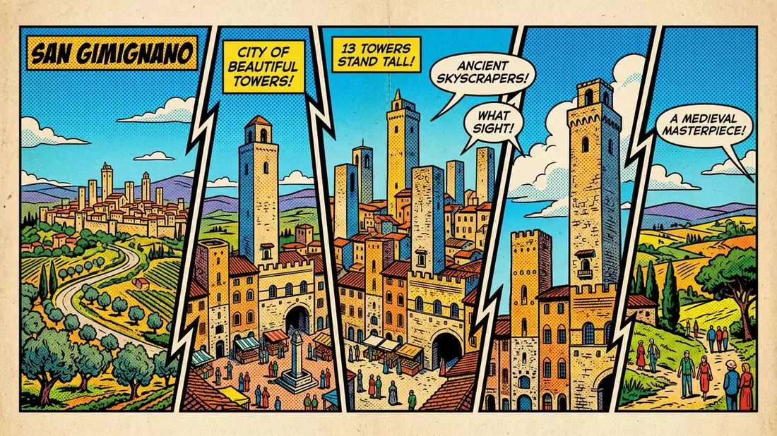 Pop-Art-Comic von Turme von San Gimignano in San Gimignano, Italien mit Rasterpunkten