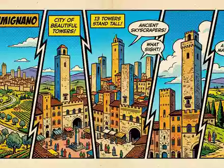 Pop-Art-Comicillustration des Wahrzeichens Turme von San Gimignano in San Gimignano Italien, kraeftige Konturen Rasterpunkte und - Foto: THN