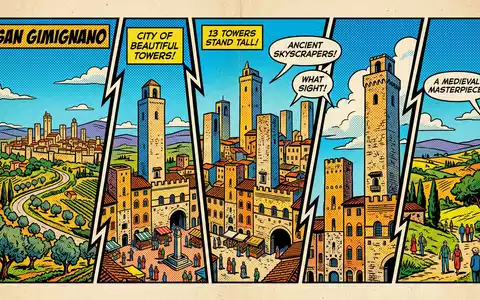 Pop-Art-Comicillustration des Wahrzeichens Turme von San Gimignano in San Gimignano Italien, kraeftige Konturen Rasterpunkte und - Foto: THN