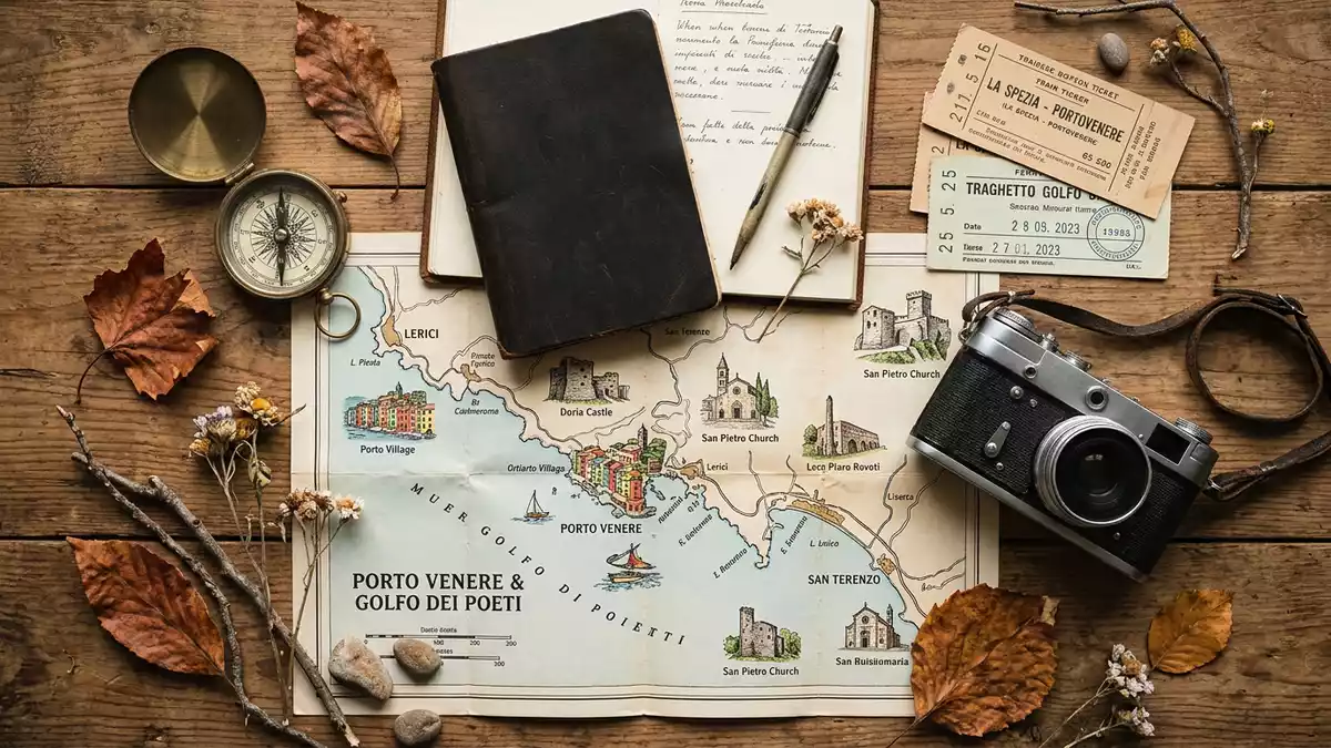 Flatlay-Reise-Arrangement rund um Portovenere in Portovenere, Italien