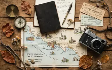 Flatlay-Reise-Arrangement rund um Portovenere in Portovenere Italien, Karte Kompass Kamera und generische Reiserequisiten - Foto: THN