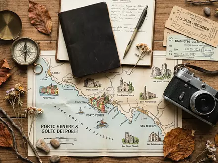 Flatlay-Reise-Arrangement rund um Portovenere in Portovenere Italien, Karte Kompass Kamera und generische Reiserequisiten - Foto: THN