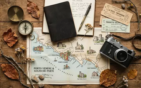 Flatlay-Reise-Arrangement rund um Portovenere in Portovenere Italien, Karte Kompass Kamera und generische Reiserequisiten - Foto: THN