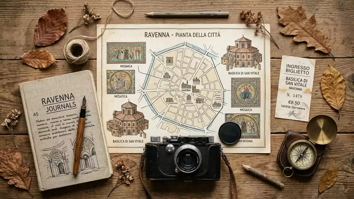 Flatlay-Reise-Arrangement rund um Mosaiken von Ravenna in Ravenna, Italien