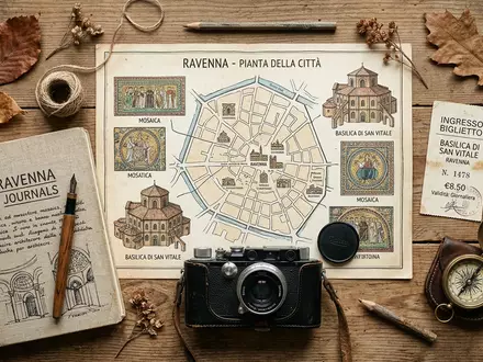 Flatlay-Reise-Arrangement rund um Mosaiken von Ravenna in Ravenna Italien, Karte Kompass Kamera und generische Reiserequisiten - Foto: THN