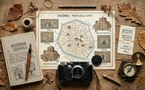 Flatlay-Reise-Arrangement rund um Mosaiken von Ravenna in Ravenna Italien, Karte Kompass Kamera und generische Reiserequisiten - Foto: THN