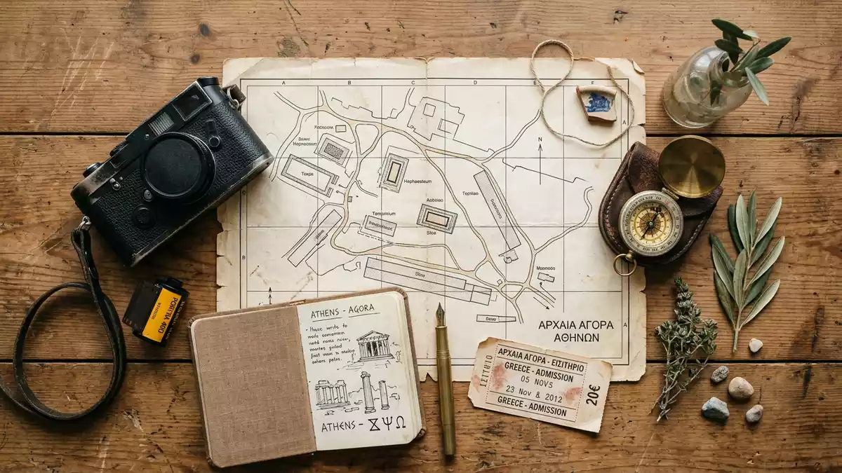 Flatlay-Reise-Arrangement rund um Antike Agora Athen in Athen, Griechenland