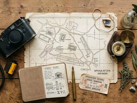 Flatlay-Reise-Arrangement rund um Antike Agora Athen in Athen Griechenland, Karte Kompass Kamera und generische Reiserequisiten - Foto: THN