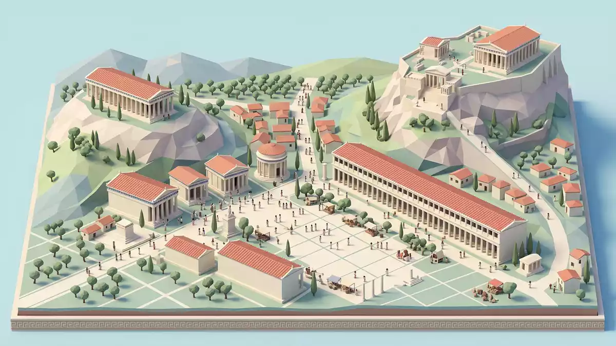 Isometrisches Diorama von Antike Agora Athen in Athen, Griechenland in Pastell