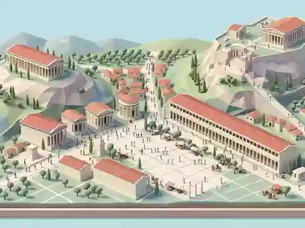Isometrisches Diorama von Antike Agora Athen und Umgebung in Athen Griechenland, verspielte Low-Poly-Kulisse in Pastellfarben - Foto: THN