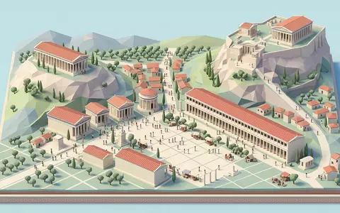 Isometrisches Diorama von Antike Agora Athen und Umgebung in Athen Griechenland, verspielte Low-Poly-Kulisse in Pastellfarben - Foto: THN