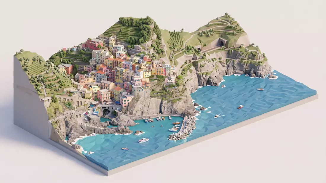 Isometrisches Diorama von Aussichtspunkt Manarola in Manarola, Italien in Pastell