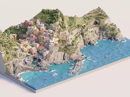 Isometrisches Diorama von Aussichtspunkt Manarola und Umgebung in Manarola Italien, verspielte Low-Poly-Kulisse in Pastellfarben - Foto: THN