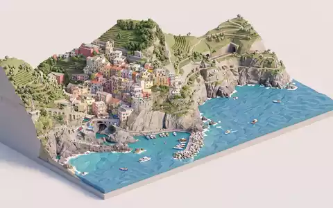 Isometrisches Diorama von Aussichtspunkt Manarola und Umgebung in Manarola Italien, verspielte Low-Poly-Kulisse in Pastellfarben - Foto: THN