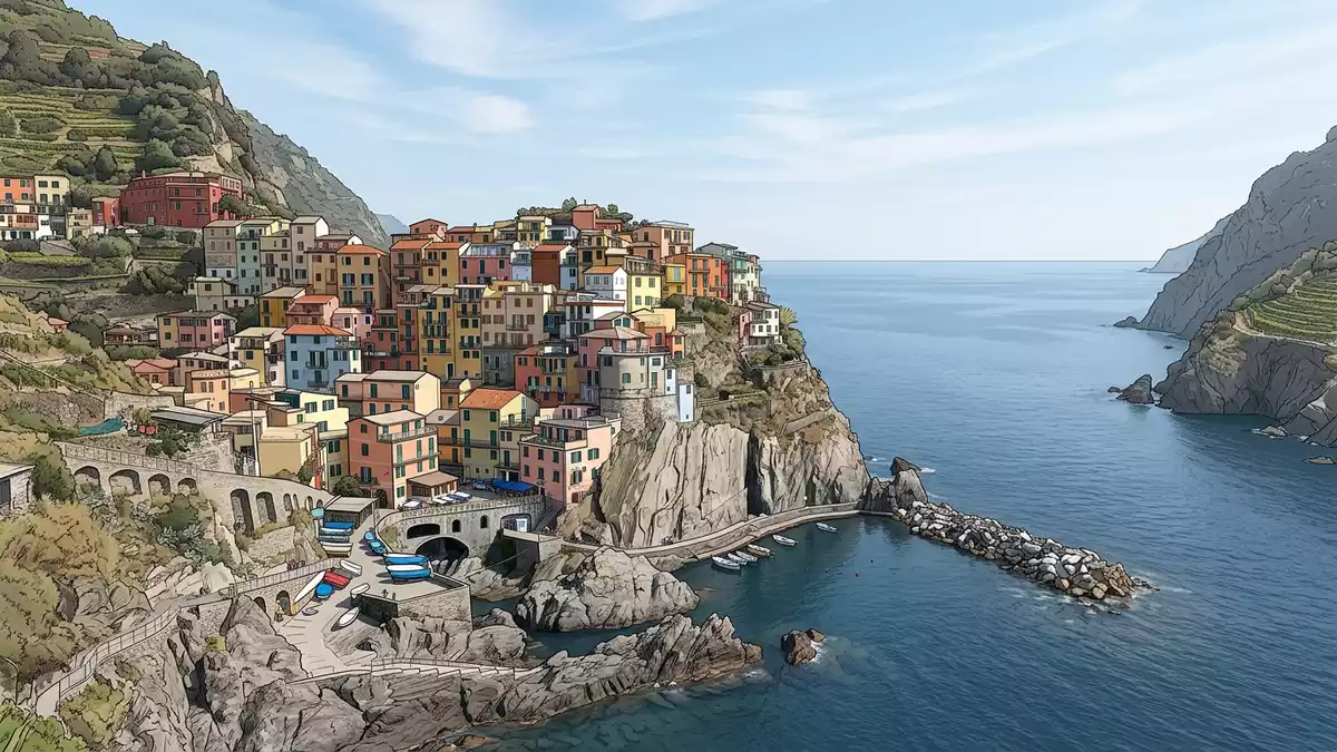 Architektur-Render von Aussichtspunkt Manarola in Manarola, Italien bei Tageslicht