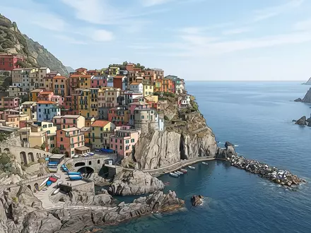 Moderner Architektur-Render zeigt Silhouette von Aussichtspunkt Manarola in Manarola Italien, klare Linien und neutrales Tageslicht - Foto: THN